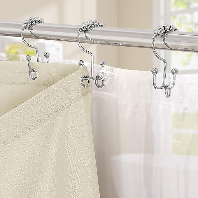 MitoVilla 3 in 1 Shower Curtain Set, Neutral Boho Farmhouse Linen Textured Bath Curtain and Clear PEVA Liner Set with 12 Double Sided Steel Hooks, Waterproof Fabric Hotel Bathroom Curtain - 72x72
