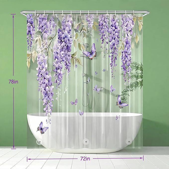 Clear Purple Floral Lavender Butterfly Shower Curtain, Plastic Transparent Cute Pretty Flower Decorative Aesthetic Shower Curtains for Bathroom, 72x78 Weighted Magnetic Shower Curtain Liner with Hooks