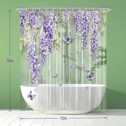 Clear Purple Floral Lavender Butterfly Shower Curtain, Plastic Transparent Cute Pretty Flower Decorative Aesthetic Shower Curtains for Bathroom, 72x78 Weighted Magnetic Shower Curtain Liner with Hooks