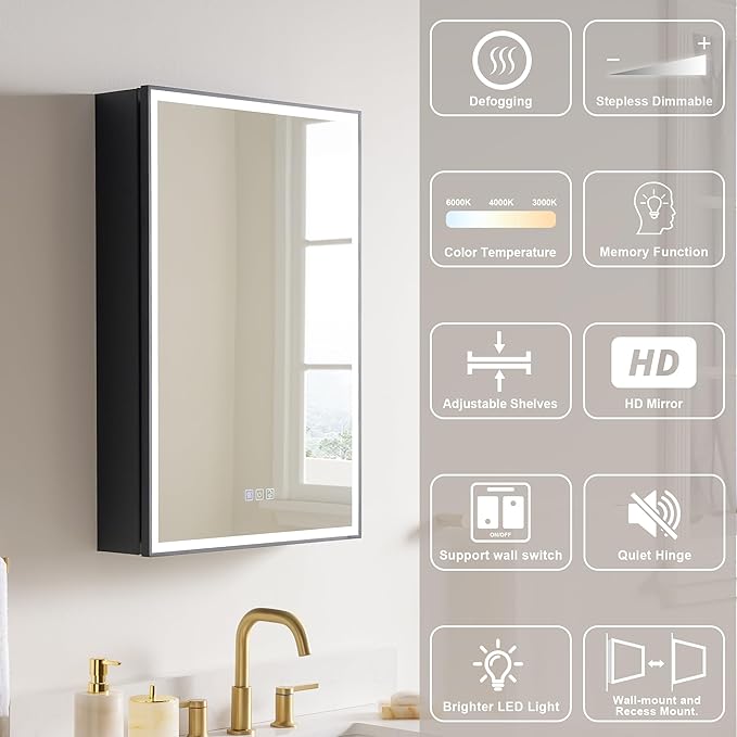 WELLFOR 24" X 30" LED Mirrored Medicine Cabinet, Medicine Cabinets with Lights for Bathroom, Defogging Mirror, Led Medicine Cabinet, Recessed or Surface Mounted, Single Right Opening Door