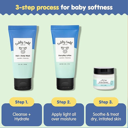 TUBBY TODD 3-Step Baby Bath & Skincare Routine - The Regulars Bundle - 2oz Baby Shampoo and Body Wash, 2oz Everyday Lotion & 1oz All Over Ointment - Lavender Rosemary