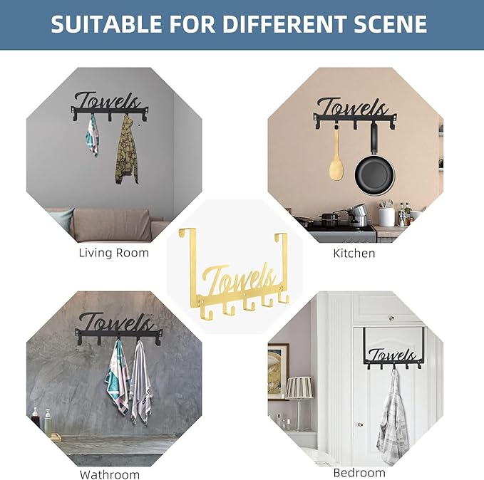 Over The Door Hooks - Heavy Duty Towel Rack with 5 Coat Hooks for Bedroom Kitchen, Gold Bathroom Decor