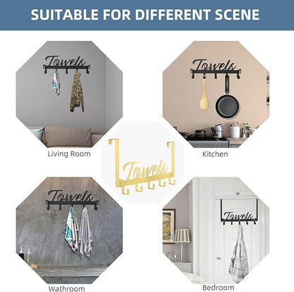 2 Pack Over The Door Hooks, Towel Rack for Bathroom Towel Holder for Hanging Heavy Duty, Wall Mount Towel Hanger with 10 Hooks for Bedroom Bathroom Kitchen Towels, Bag, Coats(Gold)