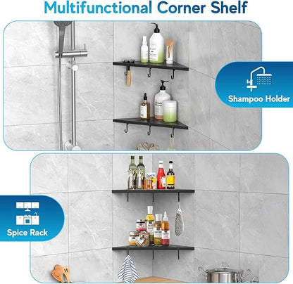 Corner Shower Shelves, 10" Matte Black 304 Stainless Steel Recessed Shelf for Bathroom，Grout in Shelf with Hooks for Tiled Wall 2 Pack (Black)