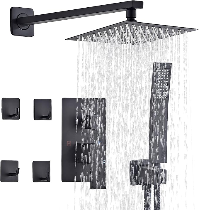 10" Matte Black Rainfall Shower Faucet Set with Rain Shower Head & Handle Set, Wall-Mounted Shower System, Full Metal Trim, Includes Shower Valve Complete Shower Kit