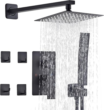 10" Matte Black Rainfall Shower Faucet Set with Rain Shower Head & Handle Set, Wall-Mounted Shower System, Full Metal Trim, Includes Shower Valve Complete Shower Kit