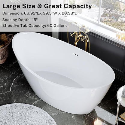 Empava Bathtub, 67" Soaking Tub, Acrylic Free Standing Tub with Center Drain and Overflow, Contemporary Design Bathtub for Bathroom, cUPC Certified, Glossy White