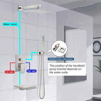 Midanya Rain Shower System with Tub Spout,Tub Shower Faucet Set with rainfall Shower Head and Handheld Spray,Wall Mount Tub Shower Combo Rough-in Valve Included,8 Inch Brushed Nickel