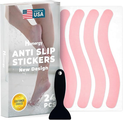 Anti-Slip Shower Stickers - Help Reduce Slipping in Bathtub & Shower, Pink Non-Slip Bath Strips, Strong Adhesive Bathtub Appliques Suitable for Homes with Kids, Adults & Seniors - 24 Pcs - Homergy