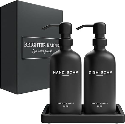Black Glass Hand and Dish Soap Dispenser Set by Brighter Barns - Kitchen Soap Dispenser Set with Tray for Home, Airbnb, Vacation Rental, Gift - Minimalist Home Decor, Modern Kitchen Decor (Black)