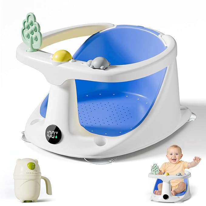 Baby Bath Seat for Babies 6 Months & Up - Bathtub Seats for Babies Sitting Up with Rinse Cup, Non-Slip, Comfortable, Infant Bath Essentials, Blue