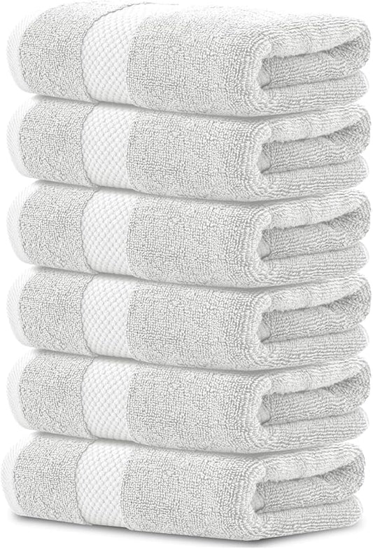 White Classic Luxury Silver Hand Towels - Soft 100% Turkish Cotton | Highly Absorbent Hotel spa Bathroom Towel Collection | 16x30 Inch | Set of 6