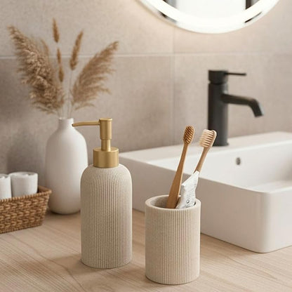 Lunestella Sand Beige Hand Soap Dispenser for Bathroom and Kitchen with Matte Gold Pump, Lotion, Dish Soap, Multiuse, Luxury Farmhouse Style, Sandstone Finish, Rust Proof, 7oz (Matte Gold)