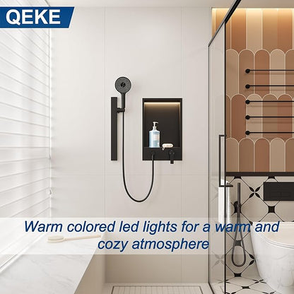 Shower Niche with Round Hand Shower,Sliding Bar and LED Light in Matte Black/Vertical