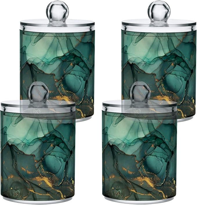 MNSRUU 2 Pack Qtip Holder Organizer Dispenser Turquoise Green Marble Bathroom Storage Canister Cotton Ball Holder Bathroom Containers for Cotton Swabs/Pads/Floss