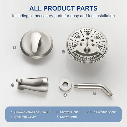 SHAMANDA Shower Tub Faucet Set with Rough-in Valve and Trim Kit, Shower System with Waterfall Diverter Tub Spout, Single Handle 8 Inch 6-Spray Rain Shower Head Combo Set, Brushed Nickel, L818-2