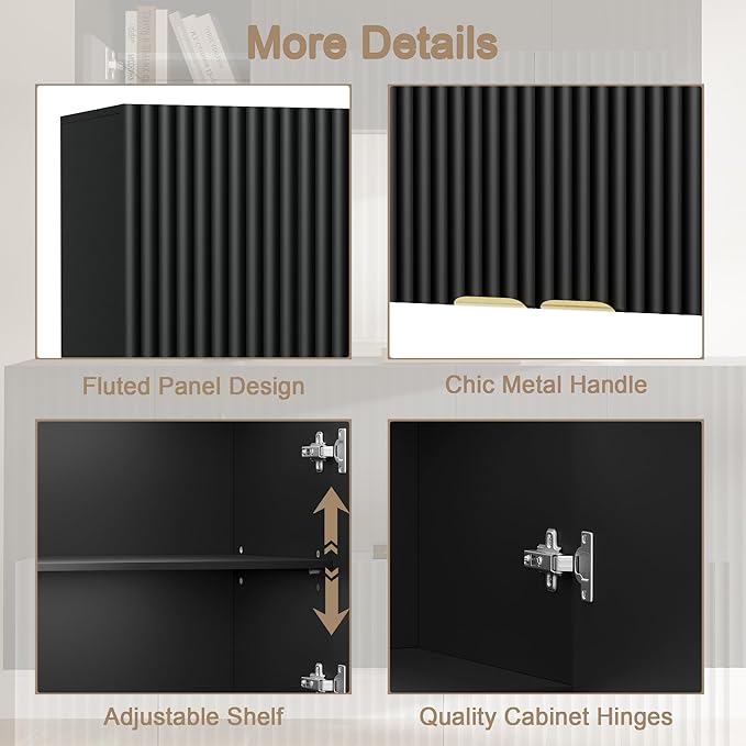 ChooChoo Bathroom Wall Cabinet, Kitchen Storage Cupboard Cabinet with 2 Doors, Fluted Laundry Room Cabinet for Bathroom, Kitchen, Garage, Black