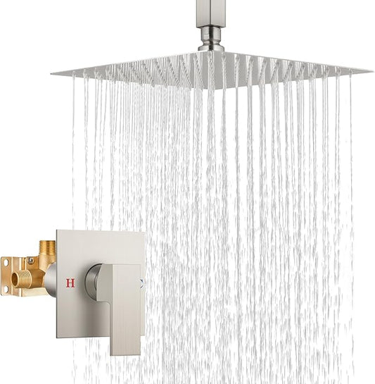 Airuida Shower Faucet Set and Handle Set Single Function Shower Trim Kit Ceiling Mount Rainfall Shower System with Male Threads and Rough-in Valve 10 Inch Square Shower Head Brushed Nickel