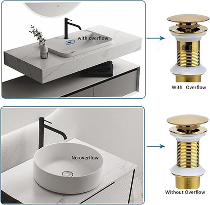 Bathroom Sink Drain, 2 Pack Gold Drain Stopper Bathroom Sink with Overflow, Pop Up Drain Assembly with Detachable Strainer Basket, Built-in Anti-Clogging Strainer,Stainless Steel