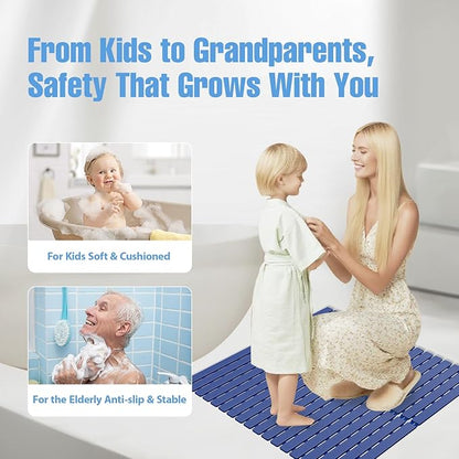 Shower Mat Non-Slip Bath Mat for Tub and Shower Stall,200+ Suction Cups with Drain Holes, Quick Dry Machine Washable, Extra Grip for Elderly and Baby, Bathroom Essentials 24x24 Inch (Blue)