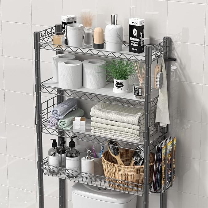 4-Tier Toilet Shelf Storage, Bathroom Organizer Shelves Over Toilet Storage, Above Toilet Tack Free Standing Bathroom Space Saver with Adjustable Basket and Shelves, Gray