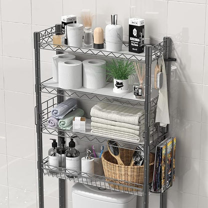 4-Tier Toilet Shelf Storage, Bathroom Organizer Shelves Over Toilet Storage, Above Toilet Tack Free Standing Bathroom Space Saver with Adjustable Basket and Shelves, Gray