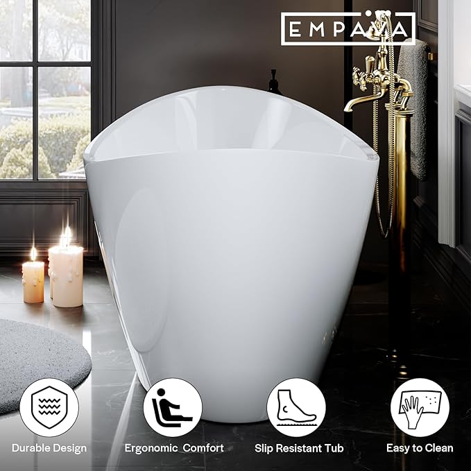Empava Bathtub, 67" Soaking Tub, Acrylic Free Standing Tub with Center Drain and Overflow, Contemporary Design Bathtub for Bathroom, cUPC Certified, Glossy White