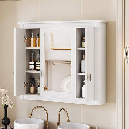 Merax Wall Mounted Bathroom Medicine Cabinet with Mirror, Bathroom Wall Cabinet with Doors and Shelves, 35" x 29" Mirrored Door Over Toilet Storage Cabinet, White