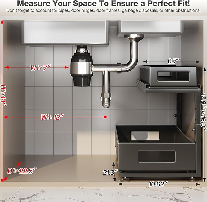 2 Pack 21.3IN-Depth Under Sink Organizer with Next-Gen Ball-Bearing Slides,2-Tier Pull Out Cabinet Storage,Height Adjustable Drawer Shelf for Bathroom,Kitchen,Laundry,Cabinet,Pantry-Black