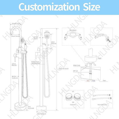 Freestanding Tub Filler Brushed Gold Floor Mount Bathtub Faucet Bathroom,Rough-in Valve 2 Function Handshower for Tub Rinsing Bathing,Anti-Wobble Base,Telephone-Shape Handheld