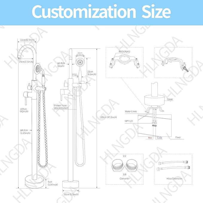 Freestanding Tub Filler Brushed Nickel Floor Mount Bathtub Faucet Bathroom,Rough-in Valve 2 Function Handshower for Tub Rinsing Bathing,Anti-Wobble Base,Telephone-Shape Handheld