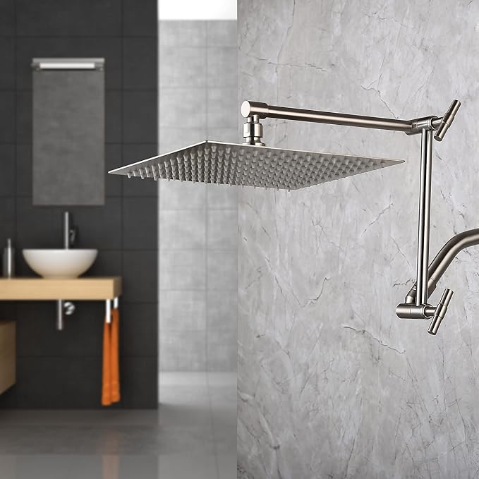 Brushed Nickel Shower Arm Extension - 13'' Adjustable Height & Range, Locking Nuts, Universal Connector for Rain & Handheld Shower Heads