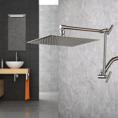 Brushed Nickel Shower Arm Extension - 13'' Adjustable Height & Range, Locking Nuts, Universal Connector for Rain & Handheld Shower Heads
