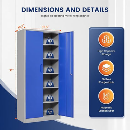 Yizosh Metal Garage Storage Cabinet with 2 Doors and 5 Adjustable Shelves - 71" Steel Lockable File Cabinet,Locking Tool Cabinets for Office,Home,Garage,Gym,School (Gray Blue)