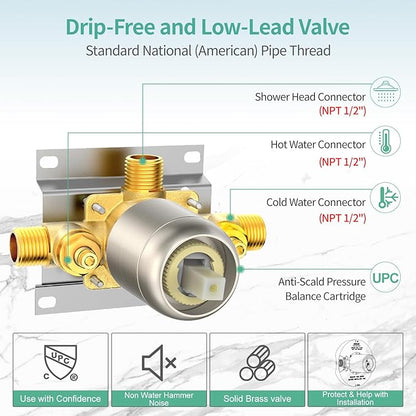 SR SUN RISE Shower System with Handheld Shower and Rain Shower Combo Set High Pressure 5-spray Dual 2 in 1 Shower Faucet Patented 3-way Diverter Brushed Nickel (Valve Include）