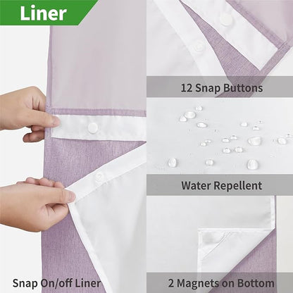 Long No Hooks Needed Linen Textured Shower Curtain with Snap-in Fabric Liner Set,Hotel Luxury Decor Shower Curtains for Bathroom,Waterproof & Washable,71Wx80H,Lavender