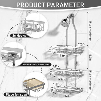 Shower Caddy,Rustproof Shower Shelves Over Shower Head,Triple Adjustable Storage,Silver
