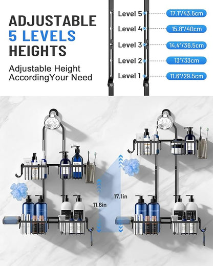 Adjustable Shower Caddy Hanging for Handheld Showerheads - Never Rust Shower Hanging Organizer, Upgraded Bathroom Shower Rack with Soap Basket, Hooks and Toothbrush Holder (Black)