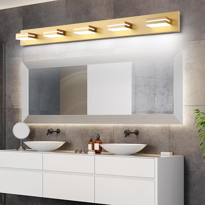 SineRise LED Modern Bathroom Vanity Light Fixtures (6-Light, 48-Inch, Dimmable), Matte Gold Modern Acrylic Bathroom Wall Lighting Fixtures Over Mirror (Cool White 6000K)