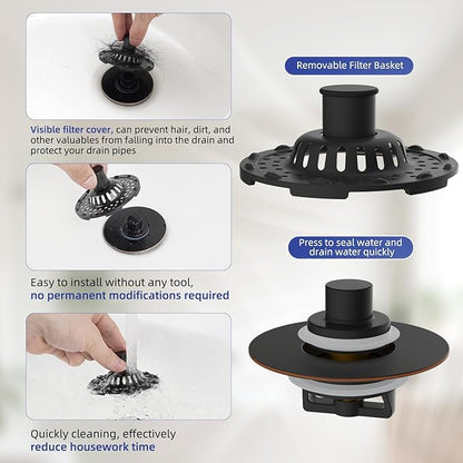 Universal Bathtub Drain Stopper Shower Drain Hair Catcher, Tub Stopper with Visible Top Strainer, Upgraded 3 in 1 Pop-up Drain Plug Fit for 1.5 to 2.4" Hole, Stainless Filter Basket, Oil-Rubbed Bronze