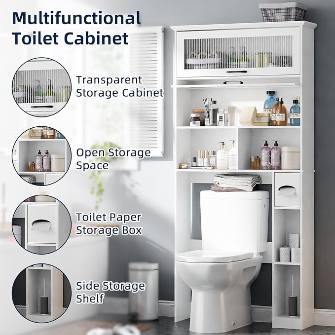 Vabches Over The Toilet Storage Cabinet with Transparent Door, Toilet Paper Storage Cabinet with Multi Layer Shelves Suitable for Bathroom, Laundry Room, Freestanding Bathroom Storage Rack, White