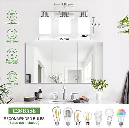 3-Light Bathroom Light Fixtures, Brushed Nickel Vanity Light with Milky White Shades, Bathroom Lighting Fixtures Over Mirror, Modern Bathroom Wall Lamp for Mirror Living Room Cabinet Bedroom