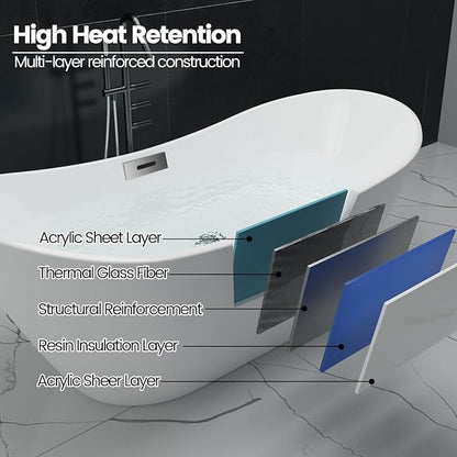 59'' Acrylic Freestanding Bathtub, Deep Soaking Tub with Non-Slip Base, cUPC Certified Free Standing Tub, Chrome Drain Bath Tub, Modern Tub for Bathrooms, White