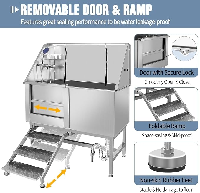 50" Professional Dog Wash Station, Stainless Steel Dog Grooming Tub for Large, Medium & Small Pets - with Anti-Slip Stairs, Drain & Door, Silver