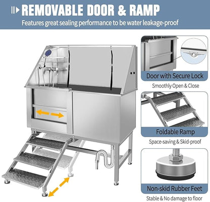 50" Professional Dog Wash Station, Stainless Steel Dog Grooming Tub for Large, Medium & Small Pets - with Anti-Slip Stairs, Drain & Door, Silver