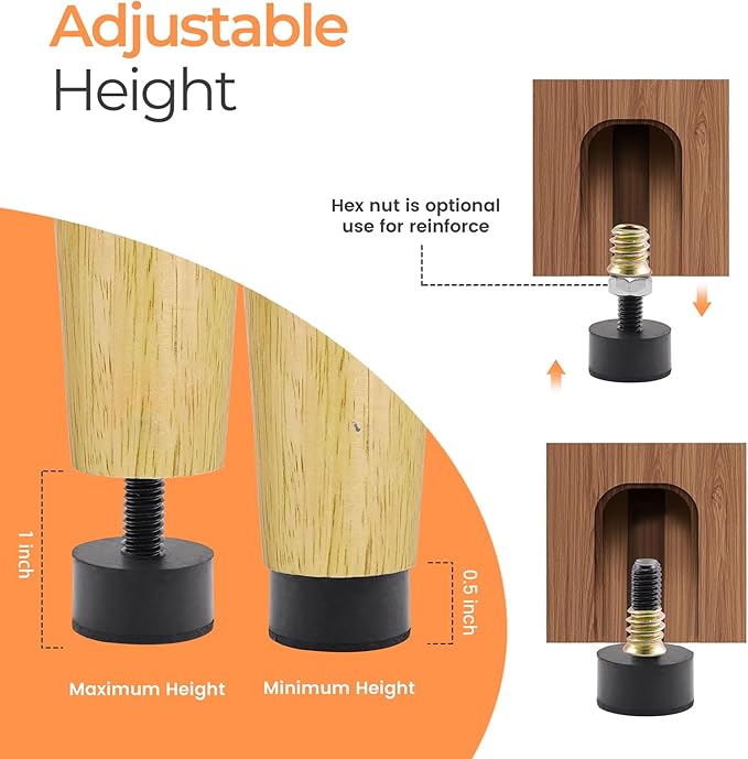 5/16 Rubber Adjustable Furniture Leveler，16 Pack Leveling Feet Screws in Threaded, Feet Levelers Screw On Furniture Glide Leveling for Table, Chair, Furniture Legs