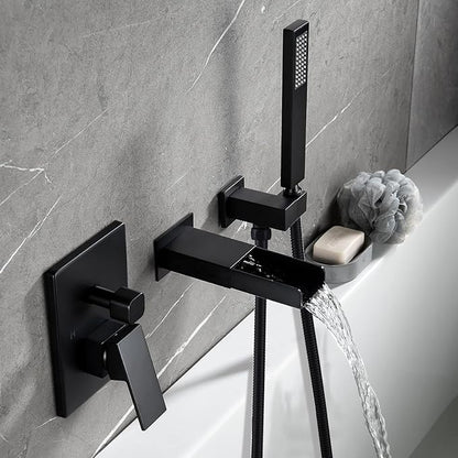 TapLong Matte Black Wall Mount Tub Filler Faucet Set with Hand Held Shower, Modern Bathtub Faucet with Waterfall Tub Spout Solid Brass Single Handle Shower Faucet Set with High Flow Rough in Valve