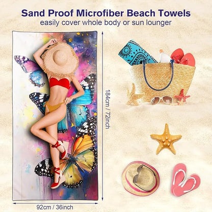 Artistic Watercolor Butterfly Beach Towel 36"x72" Quick-Dry Soft Microfiber Pool Camping Travel Towel