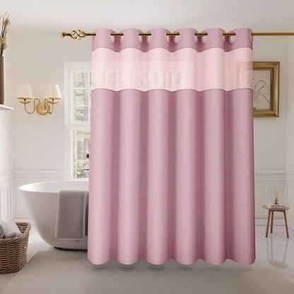 Inhousolu No Hook Shower Curtain with Snap in Fabric Liner Set Waffle Weave 230GSM Weighted Hem, Waterproof & Washable Bathroom Curtain Spa Luxury with Mesh Top Window 72" W x 72" L Pink