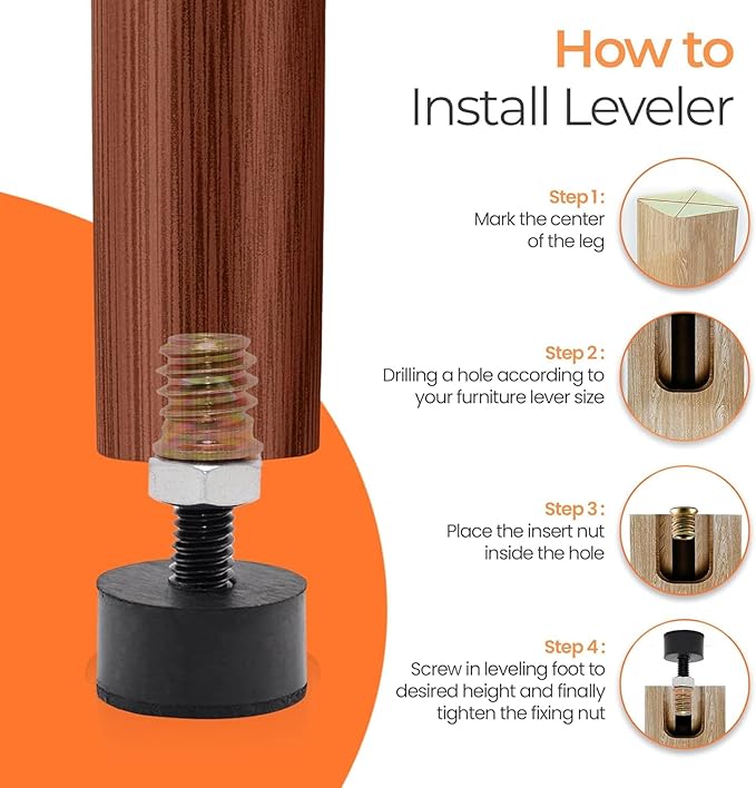 5/16 Rubber Adjustable Furniture Leveler，16 Pack Leveling Feet Screws in Threaded, Feet Levelers Screw On Furniture Glide Leveling for Table, Chair, Furniture Legs